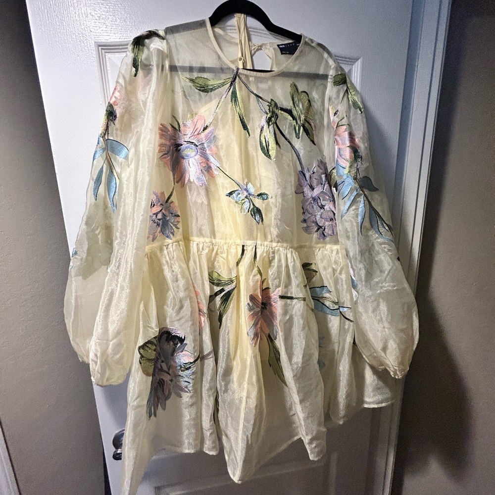 ASOS LUXE Curve oversized organza mini smock dress with floral embroidery